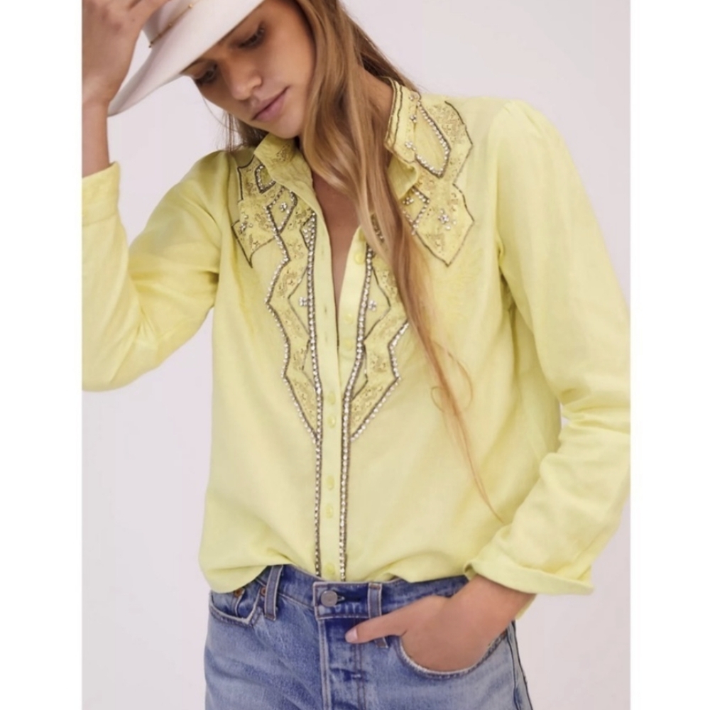 Anthropologie Pilcro Nayeli Chartreuse Embellished Western Button Down Shirt